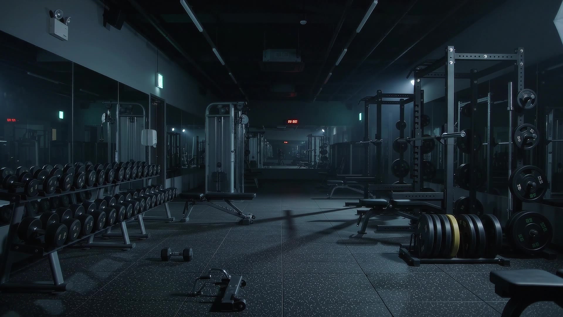 Sala de musculação vazia à noite, aparelhos alinhados